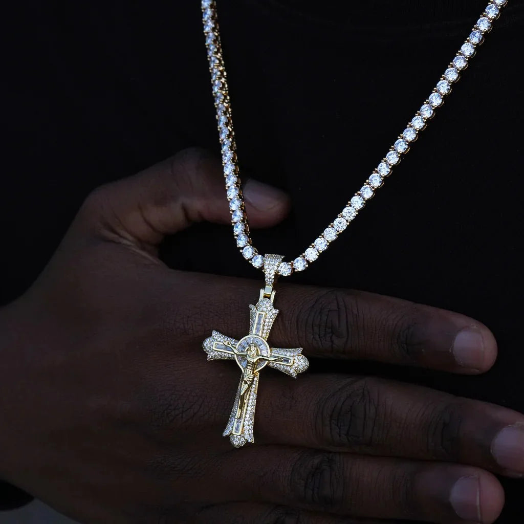 Jesus Crucifix Baguette Cross Necklace In Yellow Gold