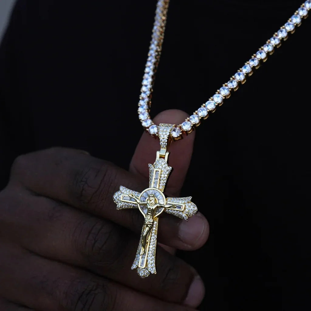 Jesus Crucifix Baguette Cross Necklace In Yellow Gold