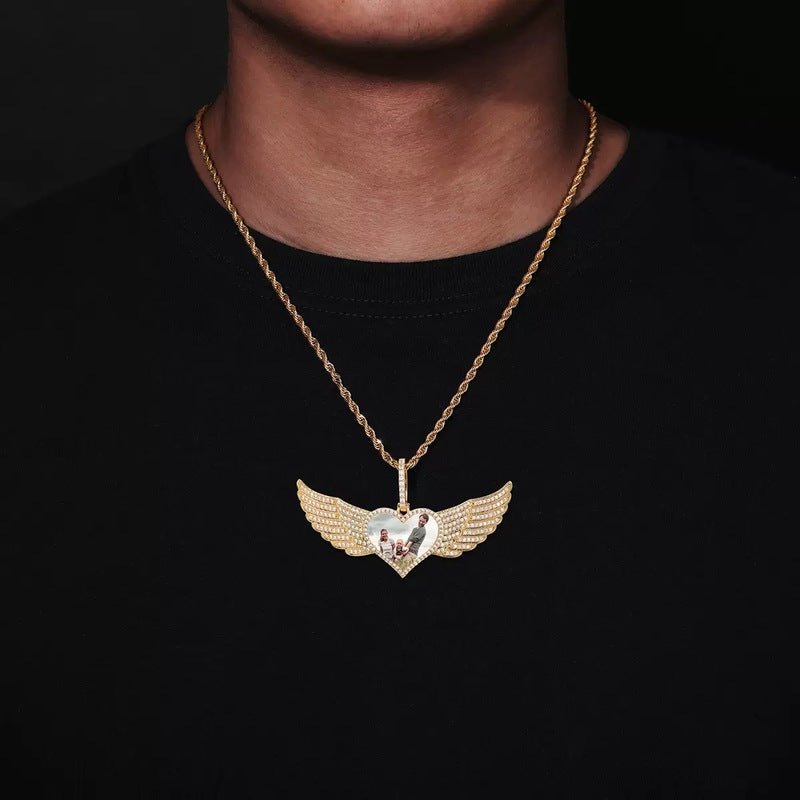Iced Large Angel Wings Photo Custom Heart Pendant - 80mm