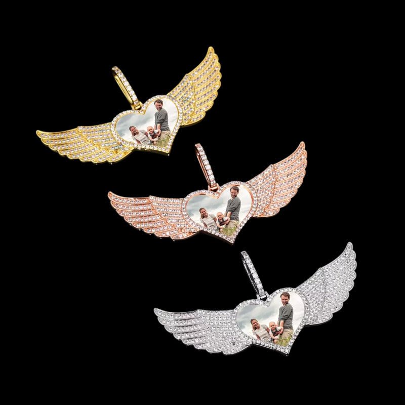 Iced Large Angel Wings Photo Custom Heart Pendant - 80mm
