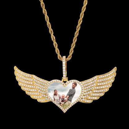 Iced Large Angel Wings Photo Custom Heart Pendant - 80mm