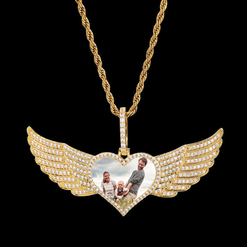 Iced Large Angel Wings Photo Custom Heart Pendant - 80mm