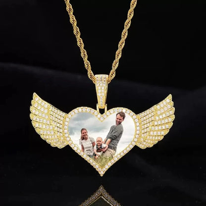 Micro-Inlaid Customized Photo Heart Wings Pendant in 18k Gold - 25mm