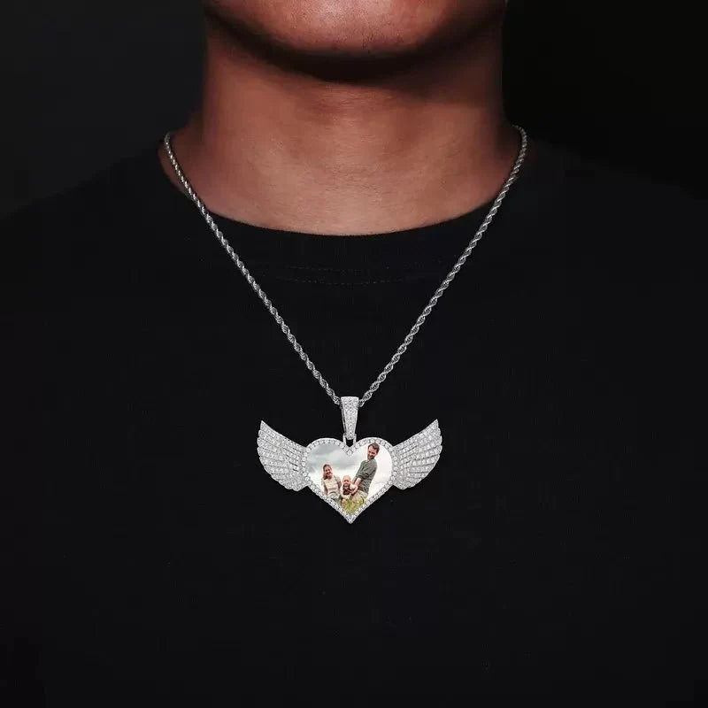 Micro-Inlaid Customized Photo Heart Wings Pendant in 14k Gold - 25mm