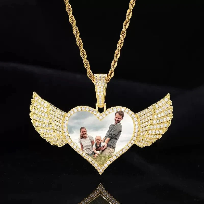 Micro-Inlaid Customized Photo Heart Wings Pendant in Rose Gold - 25mm