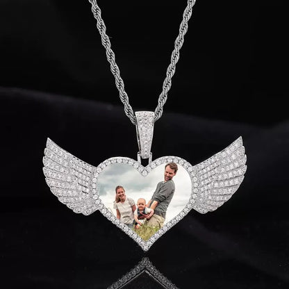 Micro-Inlaid Customized Photo Heart Wings Pendant in Rose Gold - 25mm