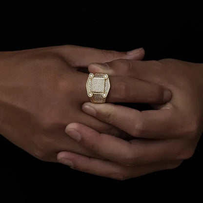 18K Gold Plated Men's Square Ring with Zirconia