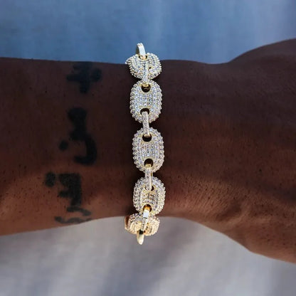 Iced Puffed Mariner Bracelet in Yellow Gold- 12mm