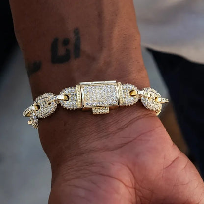 Iced Puffed Mariner Bracelet in Yellow Gold- 12mm