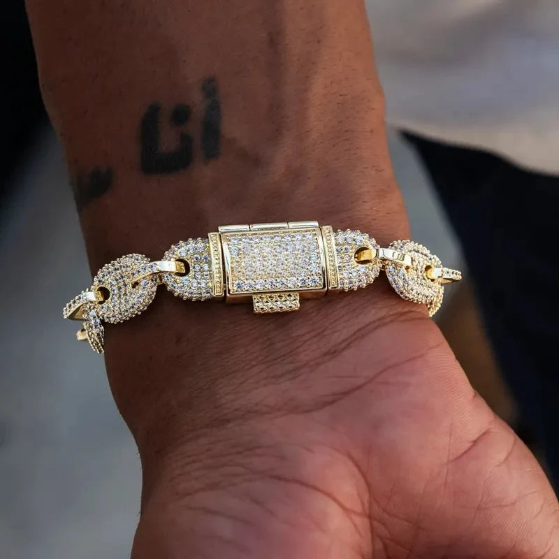 Iced Puffed Mariner Bracelet in Yellow Gold- 12mm