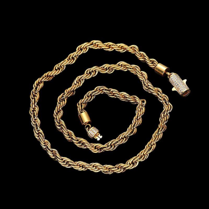 Rope Chain Iced Clasp in Yellow Gold- 6mm