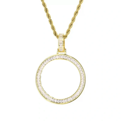 T-square Micro-inlaid Customized Photo Round Pendant in 18k Gold - 38mm
