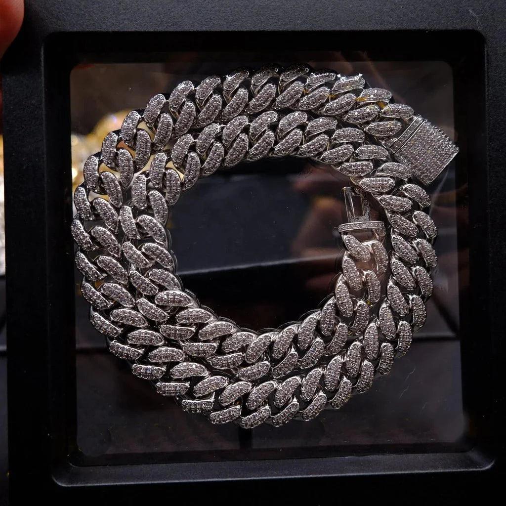 Buckle Iced Cuban Link Chain in White Gold - 14mm
