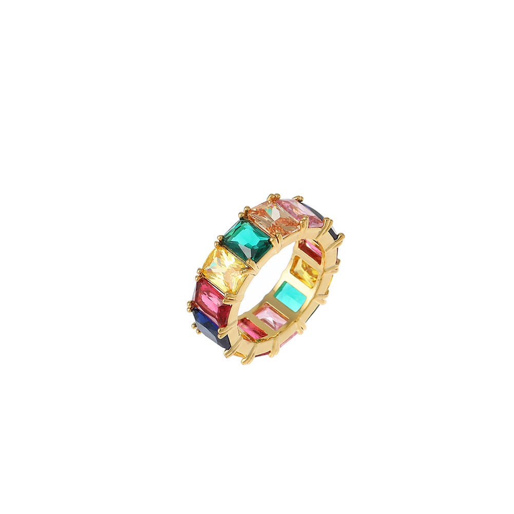 Colorful Rectangular Hip-Hop Ring in 18K Gold Plating