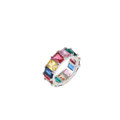 Colorful Rectangular Hip-Hop Ring in 18K Gold Plating