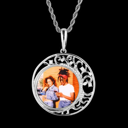 Crescent Moon Flower Memory Custom Photo Round Pendant - 42mm