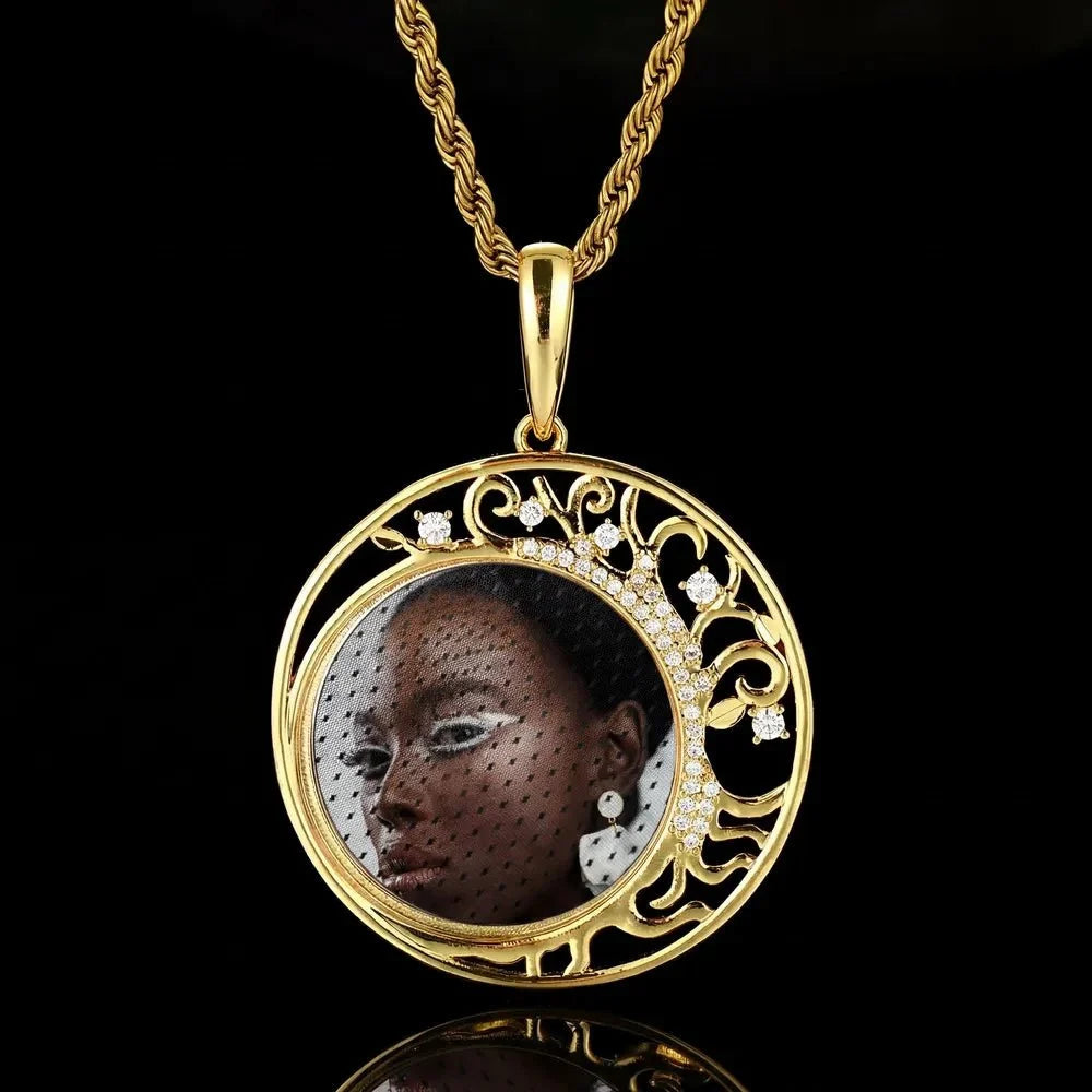 Crescent Moon Flower Memory Custom Photo Round Pendant - 42mm