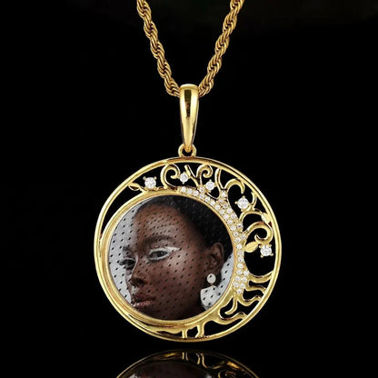 Crescent Moon Flower Memory Custom Photo Round Pendant - 42mm