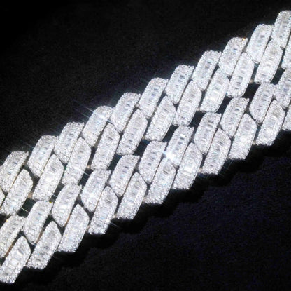 Curved Clasp Baguette Prong Cuban Chain - 13mm
