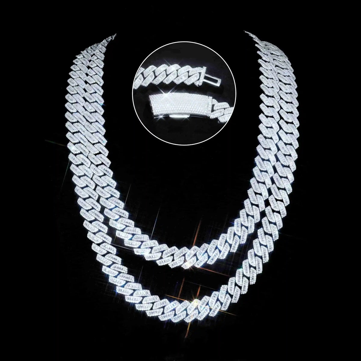 Curved Clasp Baguette Prong Cuban Chain - 13mm