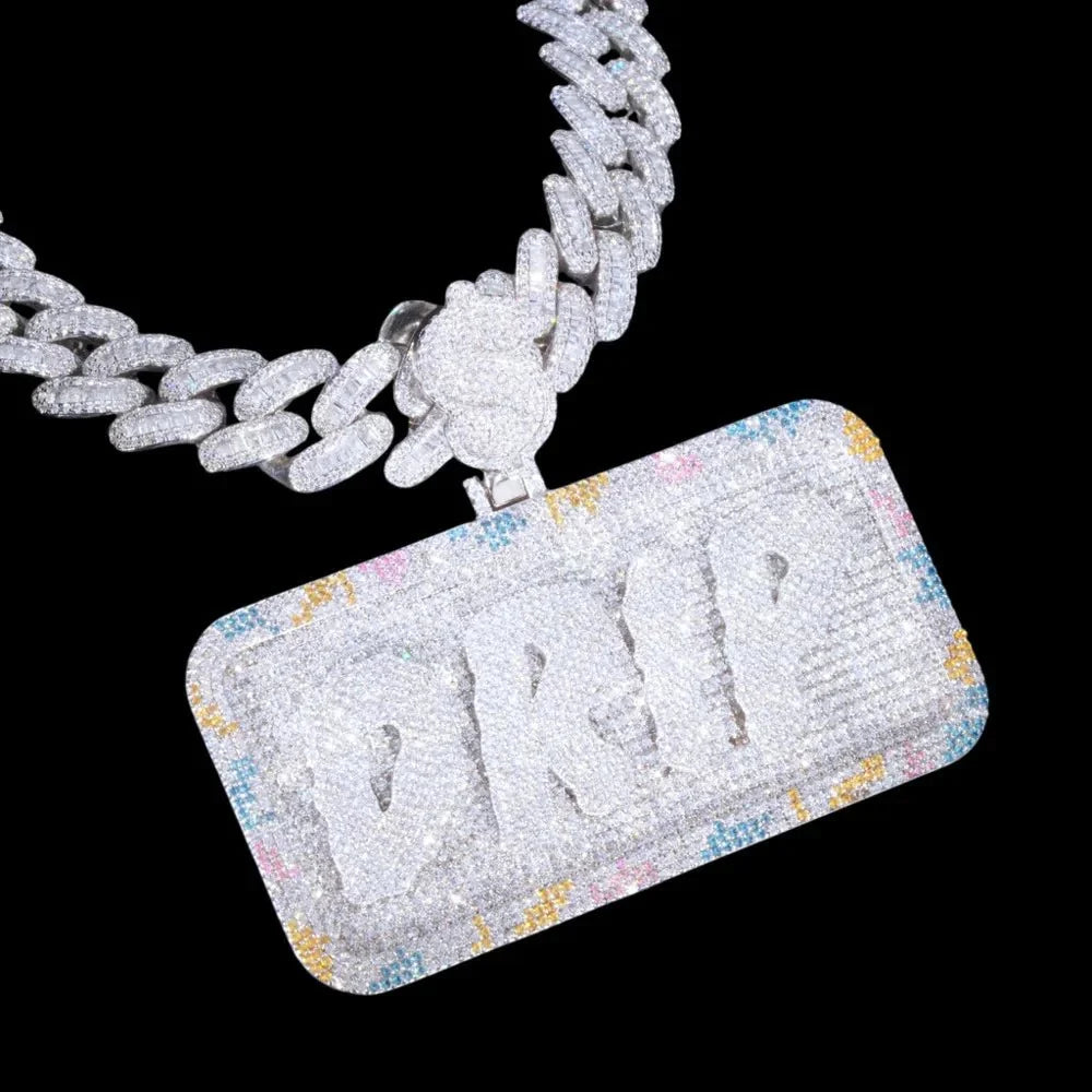 Custom Diamond-Set 3D Letter Colorful Rectangular Pendant – 80mm