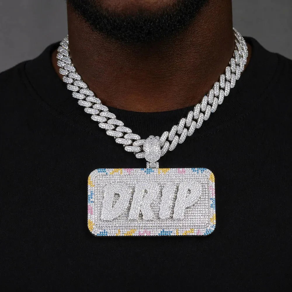 Custom Diamond-Set 3D Letter Colorful Rectangular Pendant – 80mm