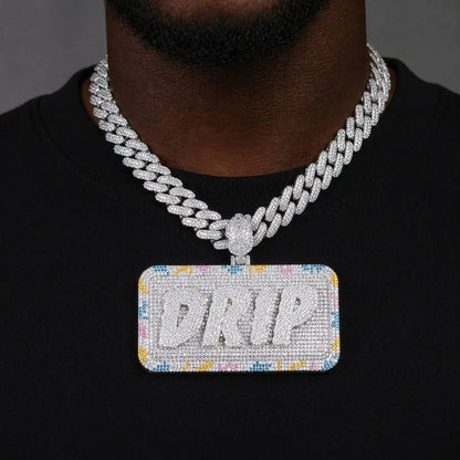 Custom Diamond-Set 3D Letter Colorful Rectangular Pendant – 80mm
