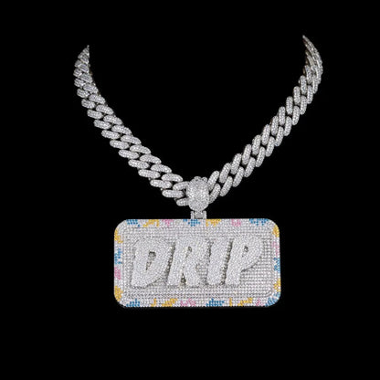 Custom Diamond-Set 3D Letter Colorful Rectangular Pendant – 80mm