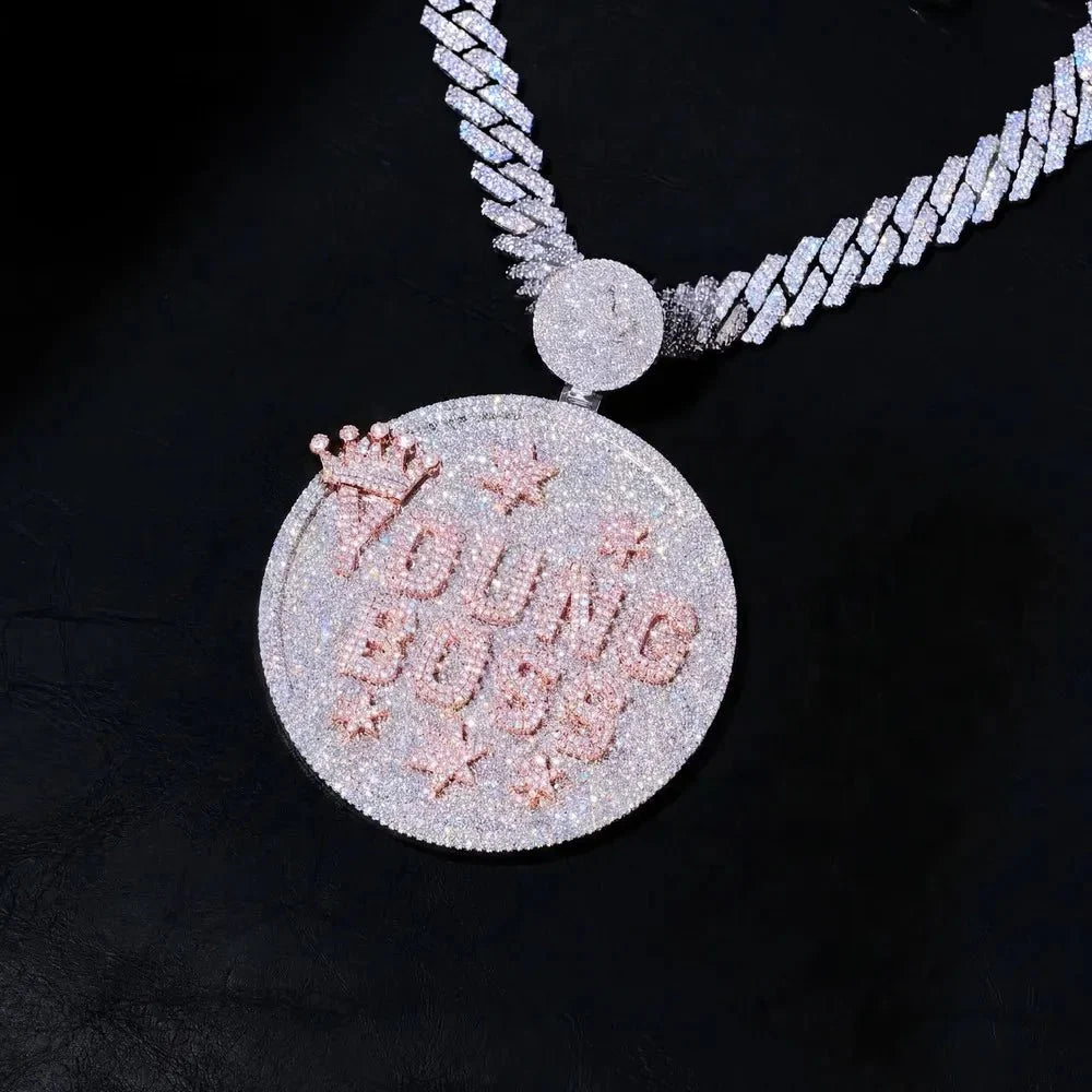 Custom Large Round Full-Diamond 3D Letter & Crown Pendant - 80mm
