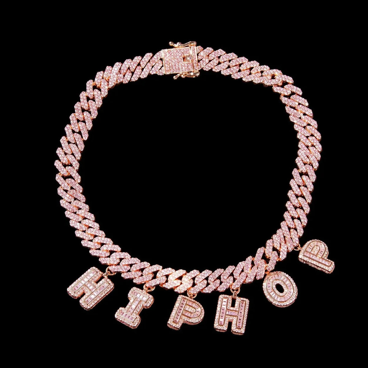 Custom Spliced-Letter Iced Cuban Chain in Rose Gold - 12mm