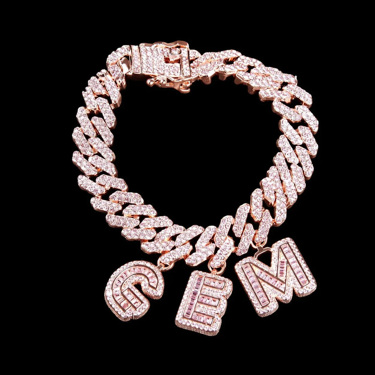 Custom Spliced-Letter Iced Cuban Chain in Rose Gold - 12mm