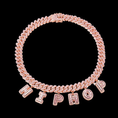 Custom Spliced-Letter Iced Cuban Chain in Rose Gold - 12mm