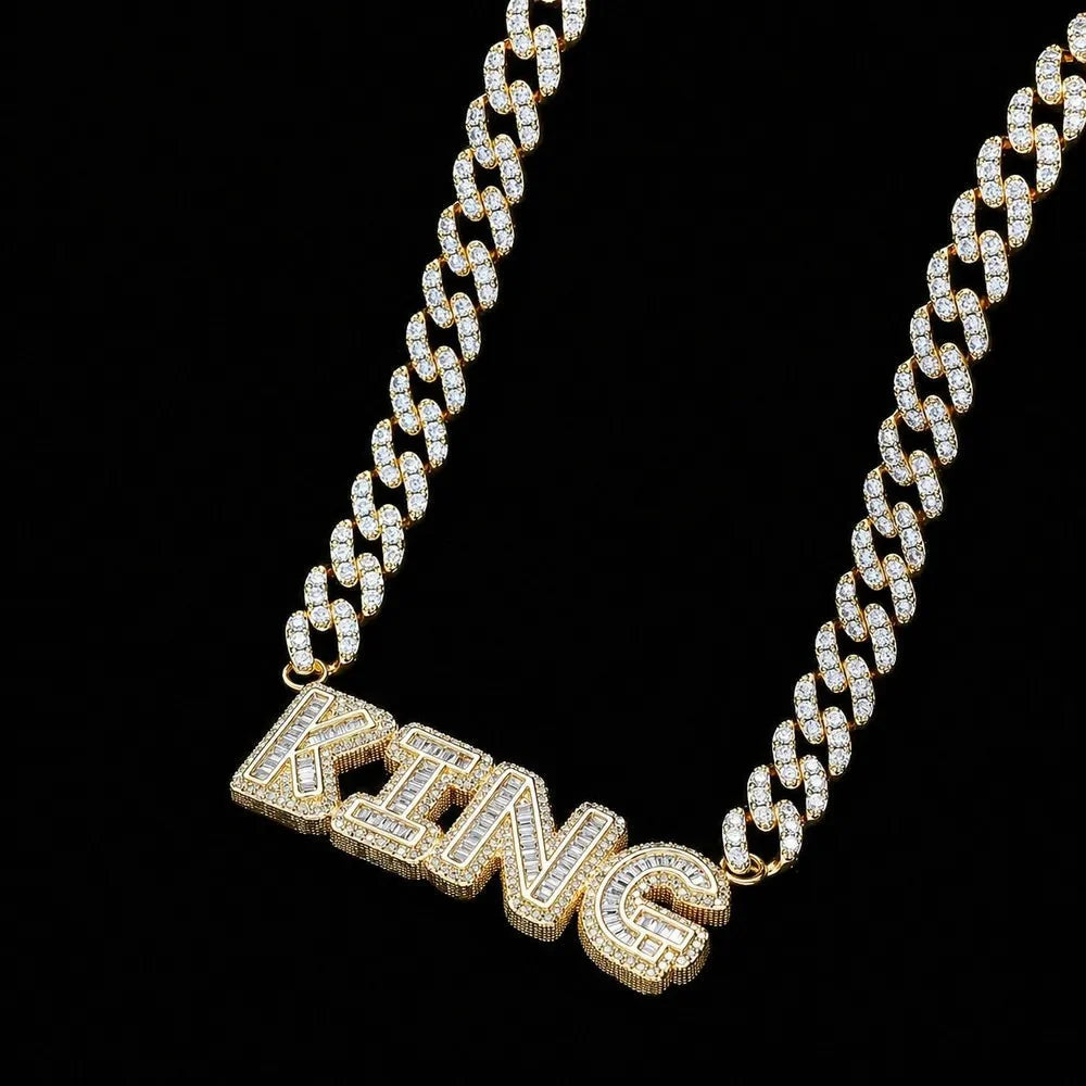 Custom Spliced-Letter Iced Cuban Chain in White Gold - 9mm