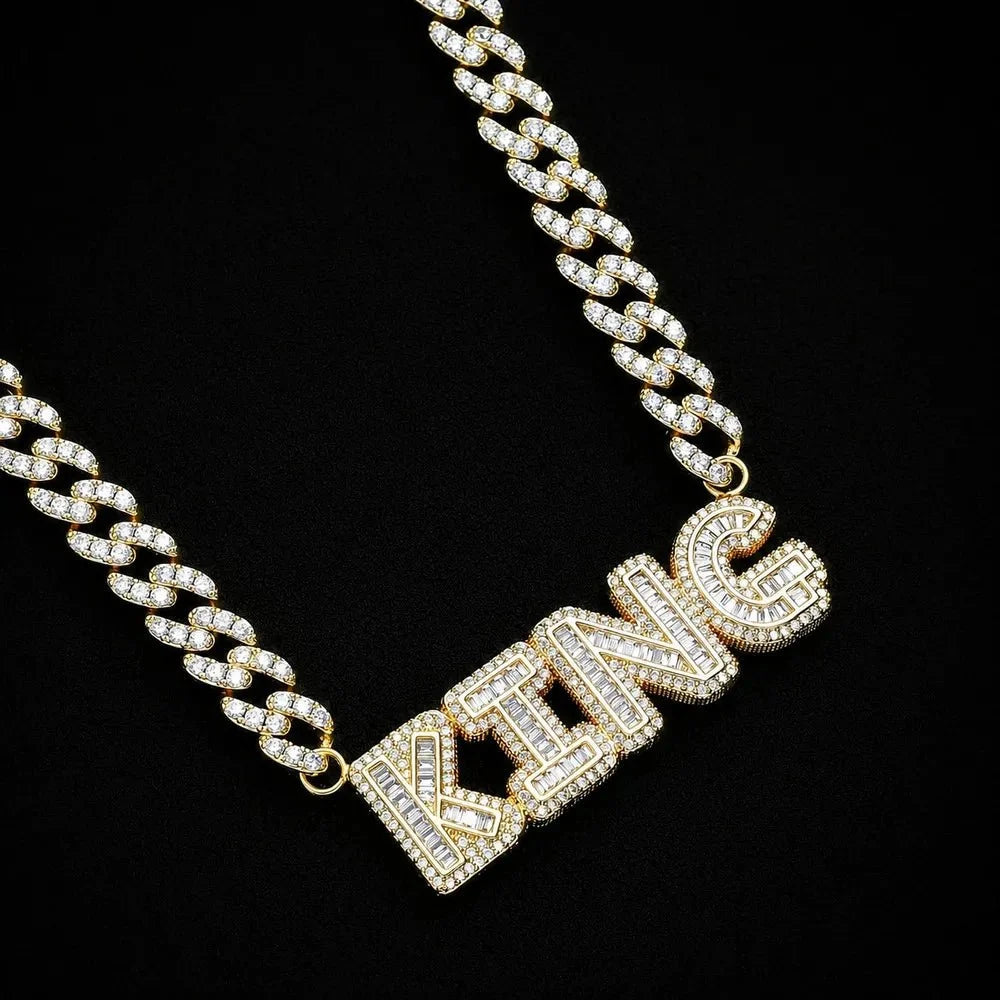 Custom Spliced-Letter Iced Cuban Chain in White Gold - 9mm