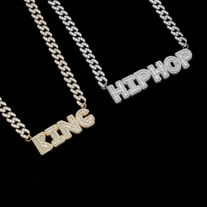 Custom Spliced-Letter Iced Cuban Chain in White Gold - 9mm