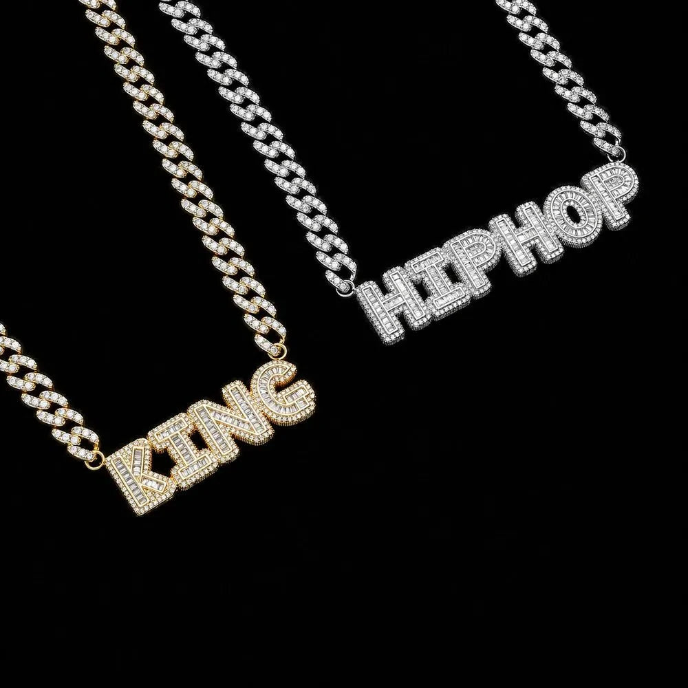 Custom Spliced-Letter Iced Cuban Chain in Yellow Gold - 9mm