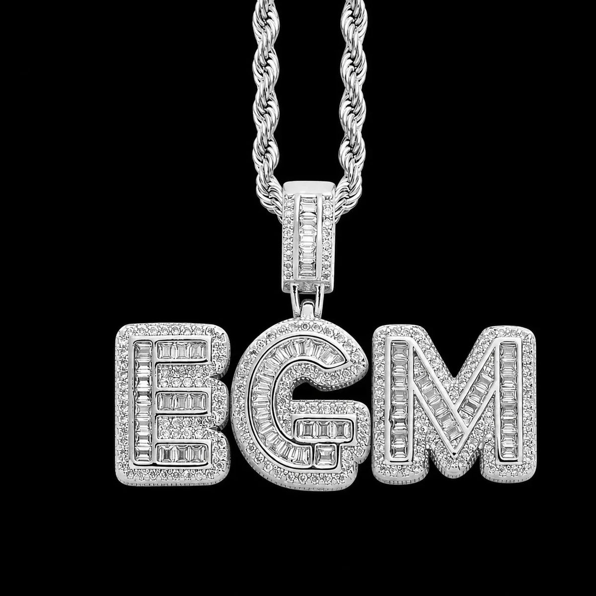 Custom Spliced-Letter Iced-Out Pendant in White Gold