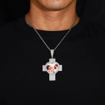 Customized 3D Heart Cross Photo Pendant - 48mm