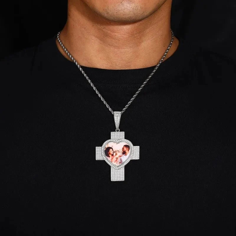 Customized 3D Heart Cross Photo Pendant - 48mm