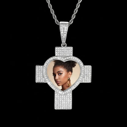 Customized 3D Heart Cross Photo Pendant - 48mm