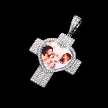 Customized 3D Heart Cross Photo Pendant - 48mm