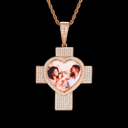 Customized 3D Heart Cross Photo Pendant - 48mm