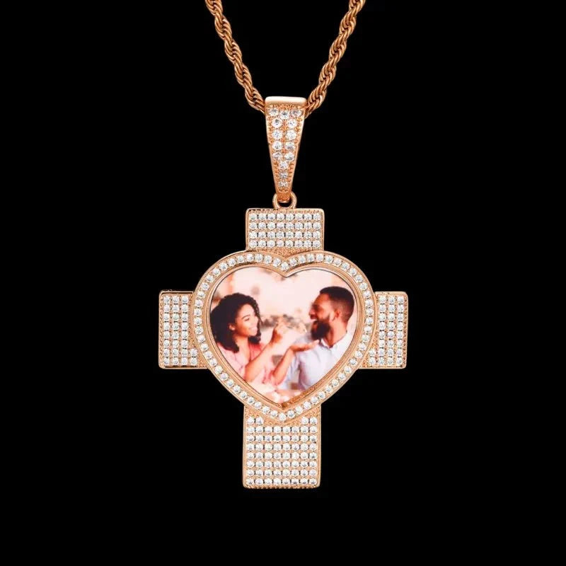 Customized 3D Heart Cross Photo Pendant - 48mm