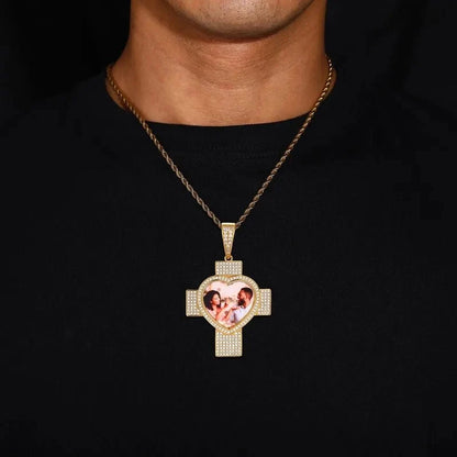 Customized 3D Heart Cross Photo Pendant - 48mm