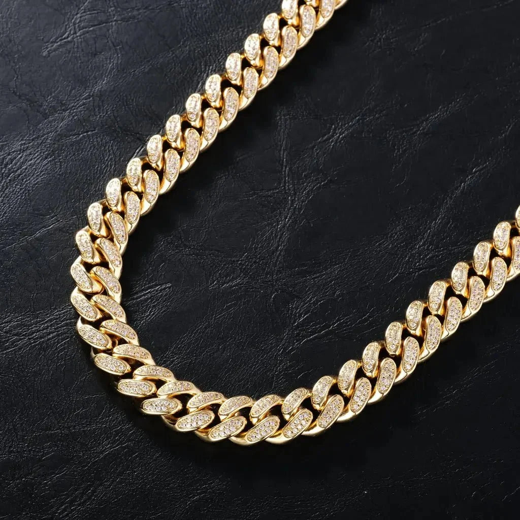Diamond Iced Cuban Chain in Yellow Gold - 12mm