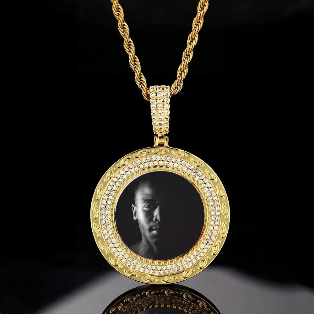 Elegant Classic Memory Custom Photo Round Pendant in Yellow Gold - 38mm