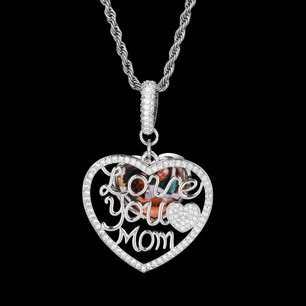 Engraved "LOVE YOU MOM" Memory Customized Photo Heart Pendant - 37mm