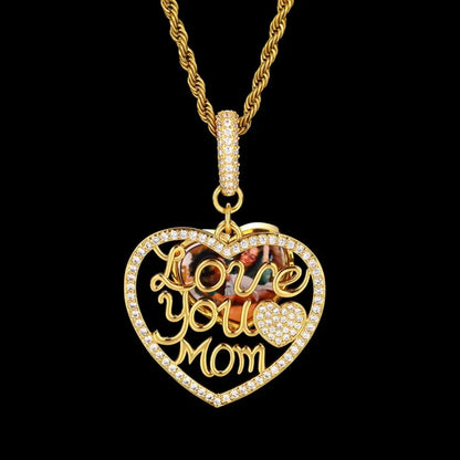 Engraved "LOVE YOU MOM" Memory Customized Photo Heart Pendant - 37mm