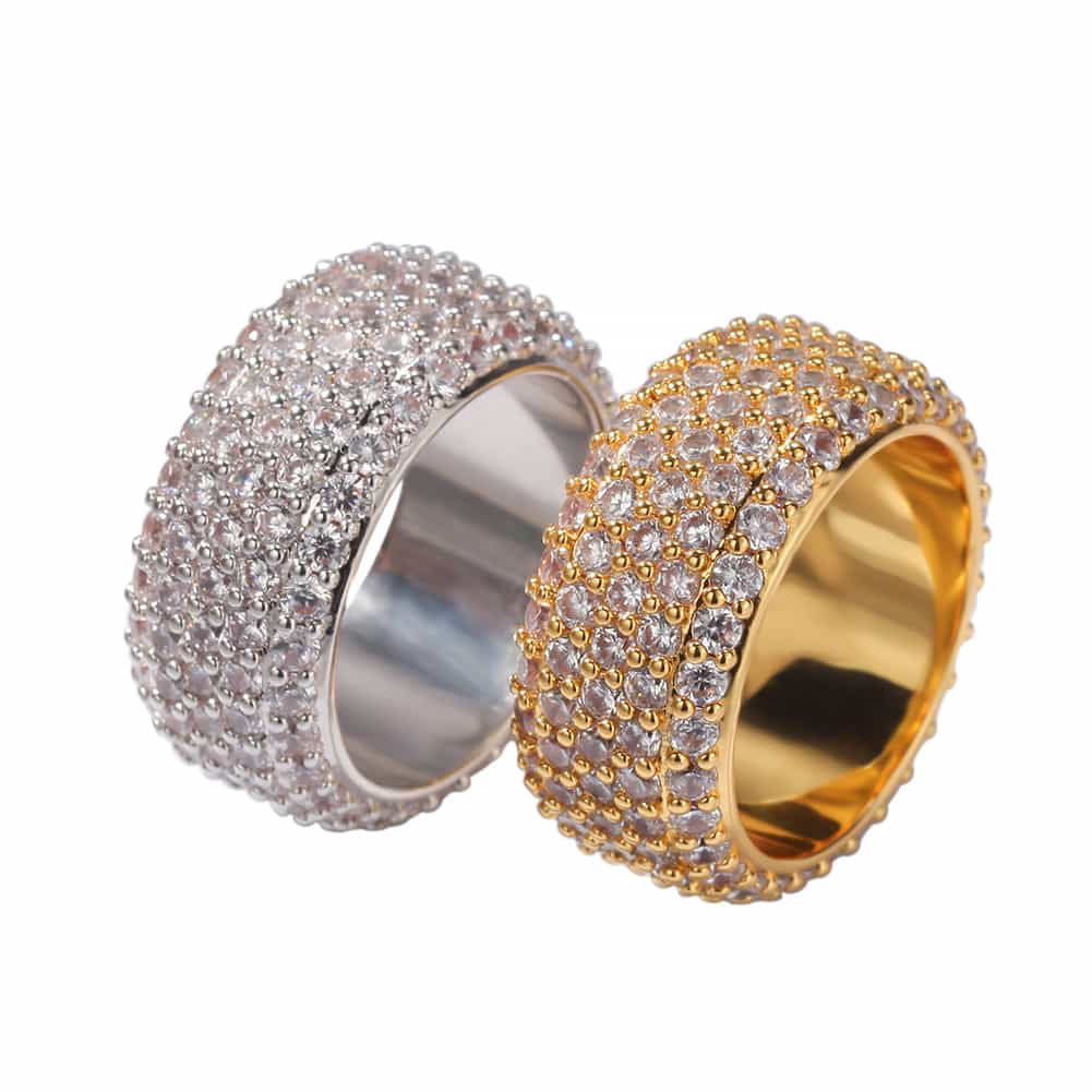 Five-Row Full Diamond Encrusted Hip-Hop Ring in 18K Gold Plating