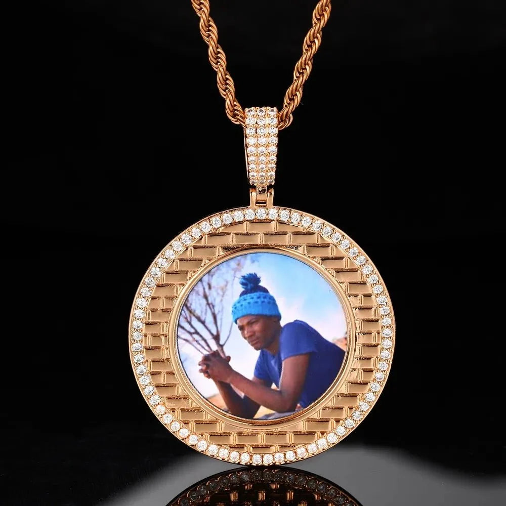 Gold Brick Engraved Memory Photo Custom Round Pendant - 46mm